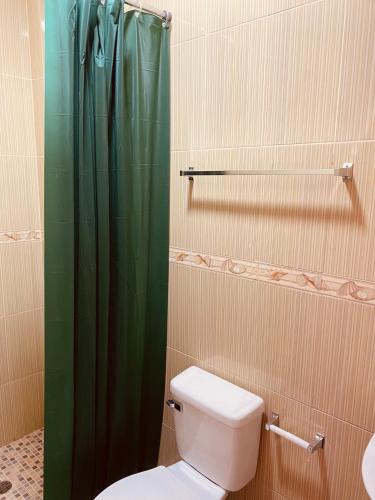 a bathroom with a toilet and a green shower curtain at Hotel Caribbean View in Bastimentos