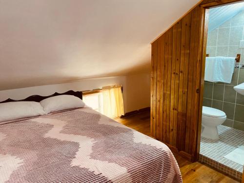 a bedroom with a bed and a bathroom with a toilet at Hotel Caribbean View in Bastimentos