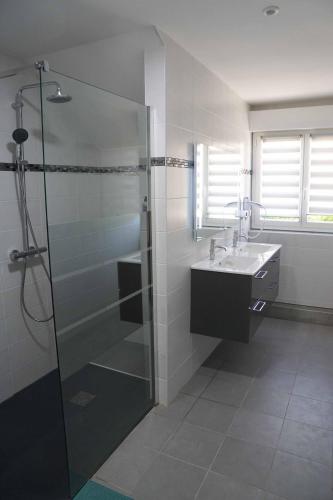 une salle de bain avec douche et lavabo dans l'établissement Au pied des Vignes, à Sancerre