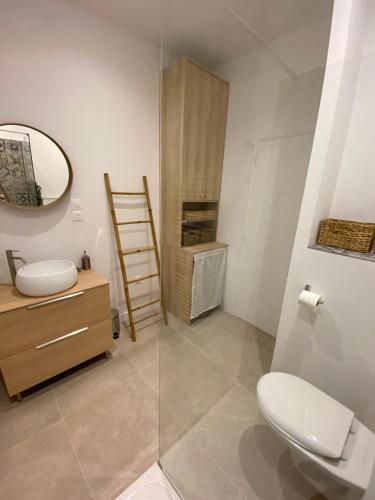 een badkamer met een toilet, een wastafel en een spiegel bij Anne de la Maison Blanche in Avignon