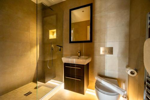 a bathroom with a sink and a toilet and a mirror at Skyview Retreat @ Ryedale House in York