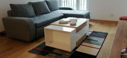 a living room with a couch and a coffee table at MoonZe Gate in Belgrade