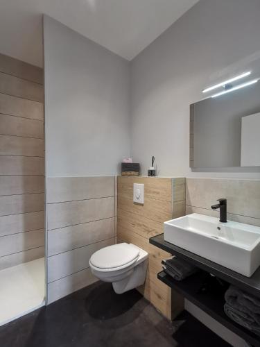 une salle de bain avec des toilettes blanches et un lavabo dans l'établissement La bonne adresse, à Sainte-Sigolène