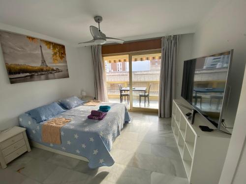 1 dormitorio con 1 cama y TV de pantalla plana en Málaga Centro habitaciones privada en apartamento compartidos en Málaga