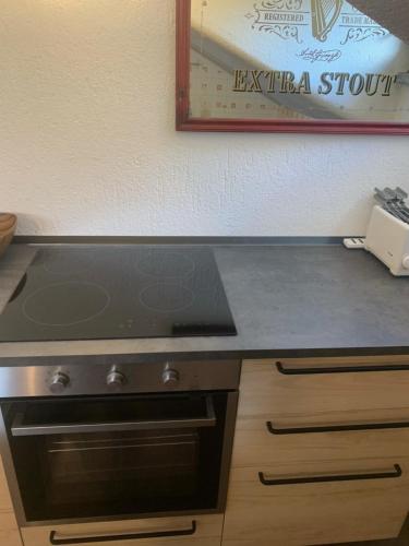 a kitchen counter with a stove and a picture on the wall at Hameau De Jadis in Pré-Saint-Didier