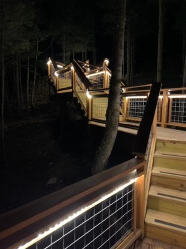a deck with lights and a tree at night at RidgeWalk Treehouse in Angel Fire