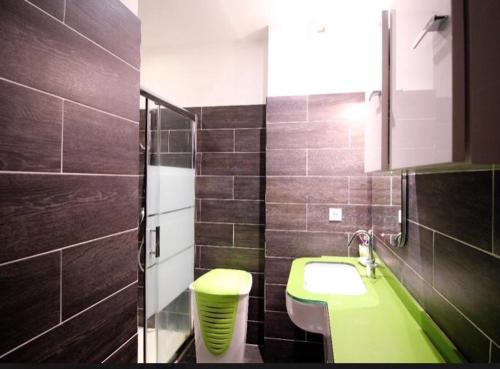 ein Badezimmer mit einem grünen Waschbecken und einem WC in der Unterkunft T3 moderne et spacieux à BASTIA in Bastia