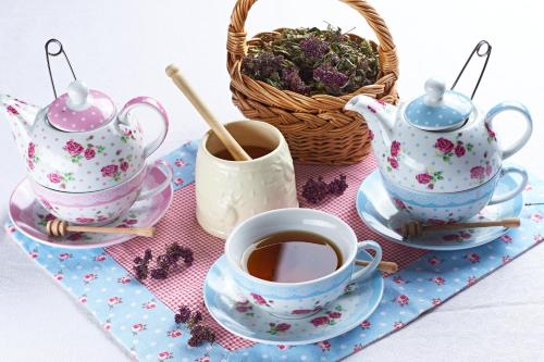 a tea set with two teapots and a basket of flowers at Eko hiša-Eco House Na razpotju in Solčava