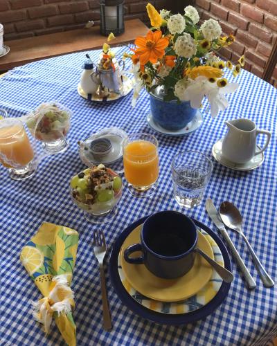 a table with a blue and white checkered table cloth with a tea pot at Pinheiros do Rocio in Petrópolis
