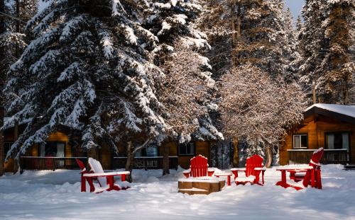 a group of red chairs in the snow in front of a cabin at Castle Mountain Chalets in Castle Junction