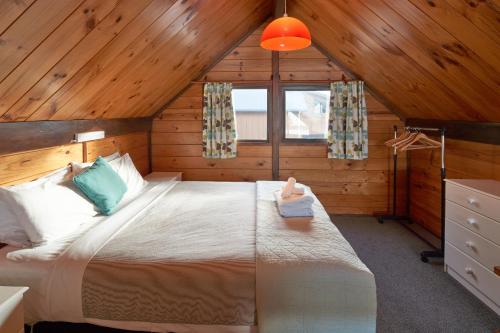 特卡波湖的住宿－Retro Inn 2 - Lake Tekapo，小屋内一间卧室,配有一张大床