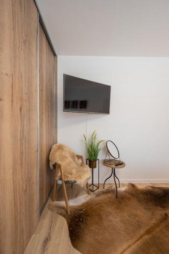 a room with a chair and a tv on a wall at Apartmány Kaskády Luhačovice in Luhačovice