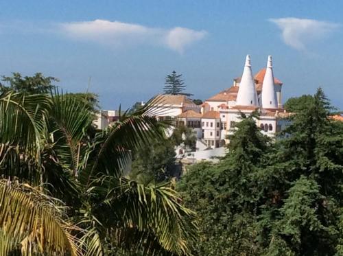 a city with two white spires on a hill with trees at Luxurious royal estate in historic Sintra paradise in Sintra