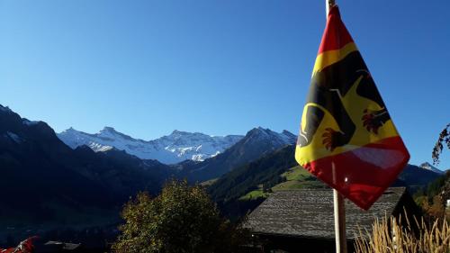 a flag on top of a house with mountains in the background at Chalet Gotthelf Gartenstudio, Ferien mit Hund in Adelboden