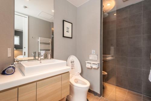 a bathroom with a toilet and a sink and a mirror at The Orchards Niseko in Niseko