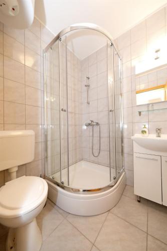 a bathroom with a shower and a toilet and a sink at Rooms Zdravko in Stara Novalja