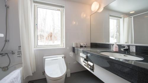 a bathroom with a toilet and a sink and a window at Country Resort Niseko in Niseko