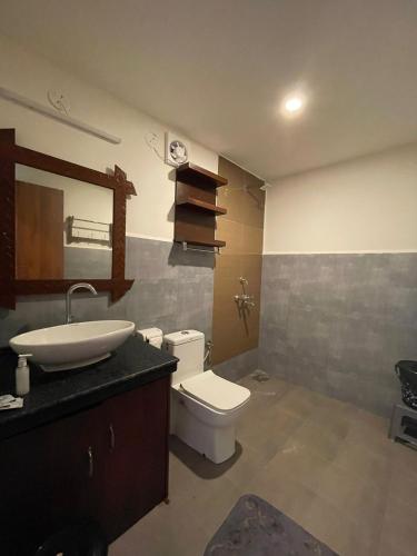 a bathroom with a sink and a toilet and a mirror at Chique Shanti Resort in Mandrem