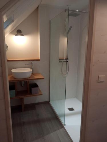 une salle de bain avec un lavabo et une douche en verre dans l'établissement La Lanterne du Bout du Monde, à Lampaul
