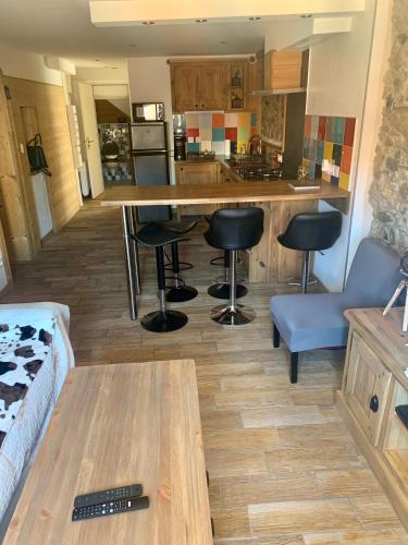une cuisine et un salon avec une table et des chaises dans l'établissement Annecy Sainte Claire DUPLEX Gare-Lac 4e étage 4ou6 personnes, à Annecy