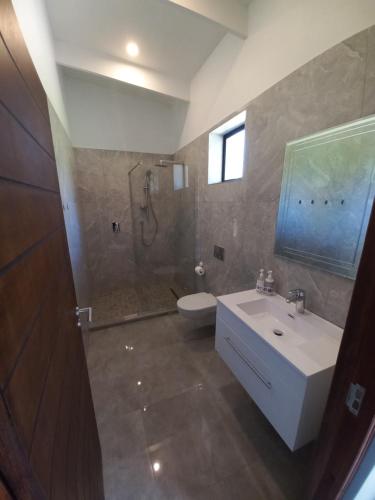 a bathroom with a sink and a shower and a toilet at Fijnbosch Game Lodge Jeffreys Bay in Jeffreys Bay