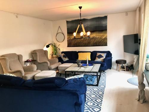 salon z niebieskimi kanapami i telewizorem w obiekcie Rivera Hill w mieście Båstad