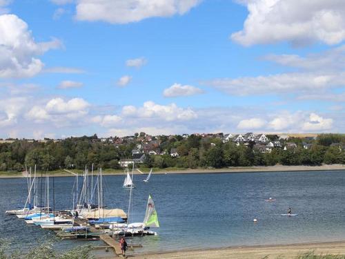 a group of boats docked on the shore of a lake at Ferienwohnungen am Seeufer in Möhnesee