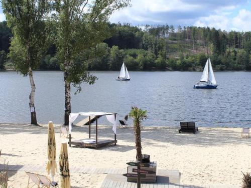 two sailboats on a lake with a sandy beach with trees at Ferienwohnungen am Seeufer in Möhnesee