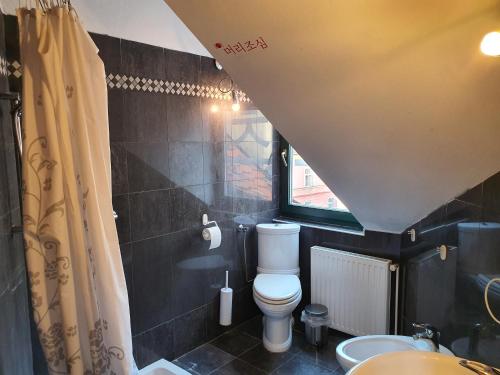 a bathroom with a toilet and a window at Dolac Guesthouse in Zagreb