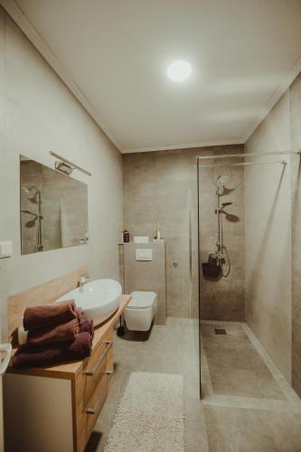 a bathroom with a sink and a toilet and a shower at Apartman Lovrić Đakovo in Đakovo