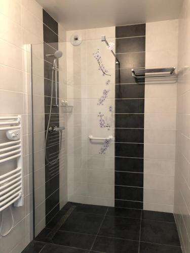 ジェラールメにあるGerardmer : Residence "l'eau vive"のバスルーム(ガラスドア付きのシャワー付)