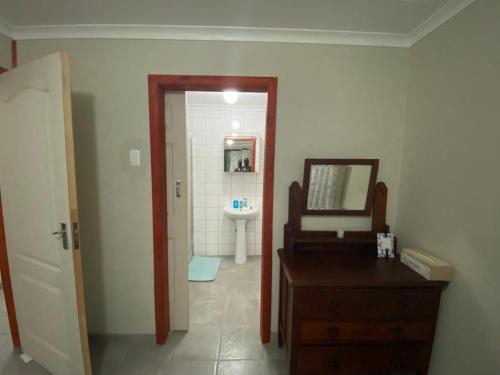 a bathroom with a sink and a vanity and a mirror at Man and Dog Log Cabin in Midrand