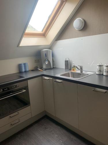 a kitchen with a sink and a window at Ruim appartement in oude bakkerij in Gasselternijveen