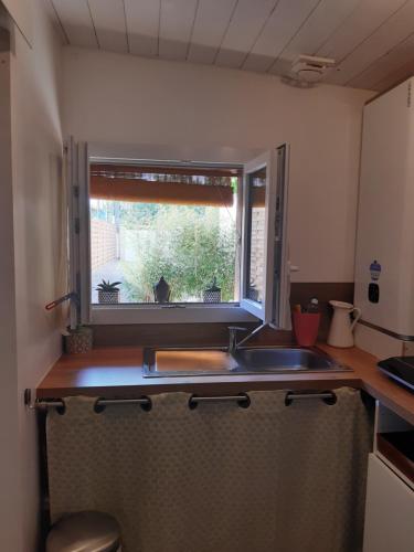 une cuisine avec un évier et une fenêtre dans l'établissement Un jardin en ville, à Talence