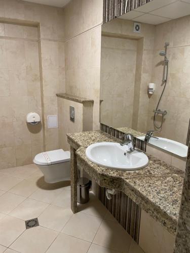 uma casa de banho com um lavatório, um WC e um espelho. em Hotel Forum em Pazardzhik