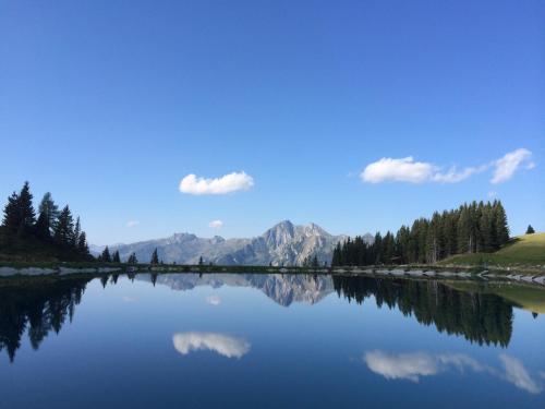 a view of a lake with mountains in the background at Alpendorf Hotel Stern in Sankt Johann im Pongau