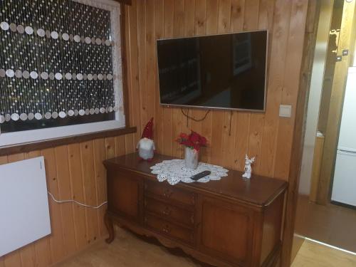 a room with a wooden wall with a tv and a wooden cabinet at Domek pod Królowem in Ustroń