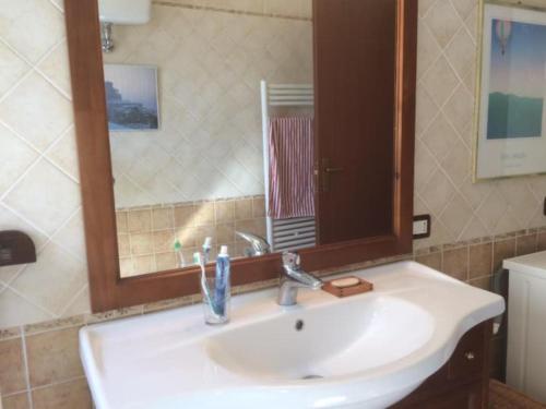 een wastafel met een spiegel en een tandenborstel bij Casa Val di Rose in Civitella Alfedena