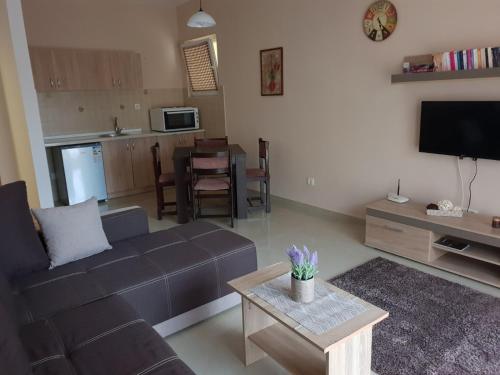 uma sala de estar com um sofá e uma mesa em Apartmani Irena em Tivat