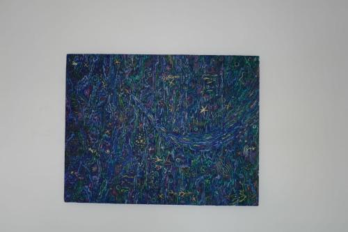 a painting of a blue field of flowers at Baan Suandao Wat Arun in Bangkok