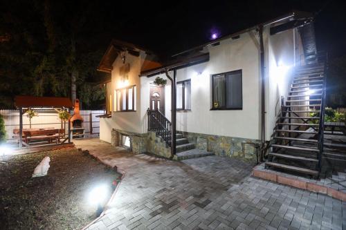 a house with stairs in front of it at night at Casa Andy in Buşteni