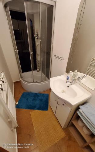 a bathroom with a sink and a shower at Paris 5 in Bratislava