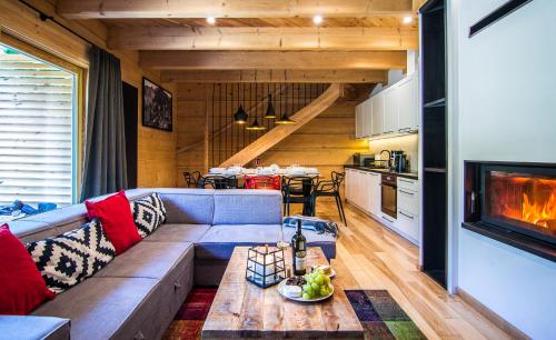 a living room with a couch and a fireplace at Etiuda Zakopane in Zakopane