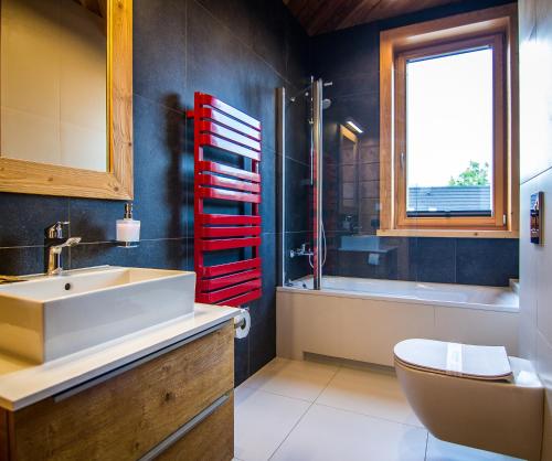 a bathroom with a sink and a toilet and a window at Etiuda Zakopane in Zakopane