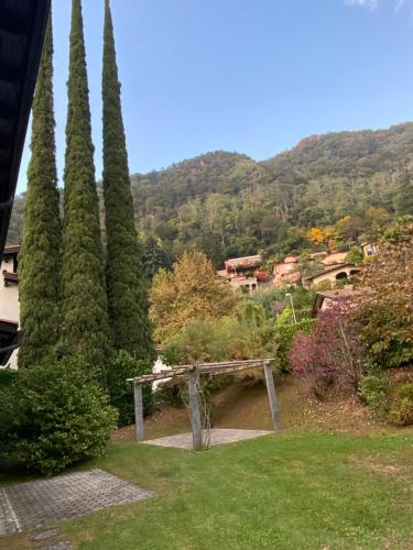 a bench in a garden with two tall trees at Bellissimo appartamento con giardino sul lago di Lugano in Morcote