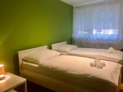 two beds in a room with a green wall at Apartman Bloom in Osijek