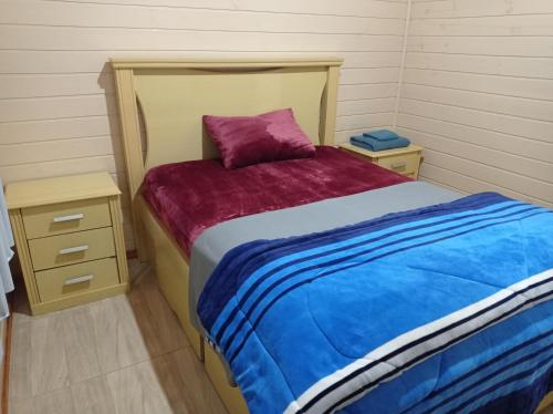 um quarto com uma cama com uma almofada roxa e duas mesas de cabeceira em A Casa é Sua! em Urubici