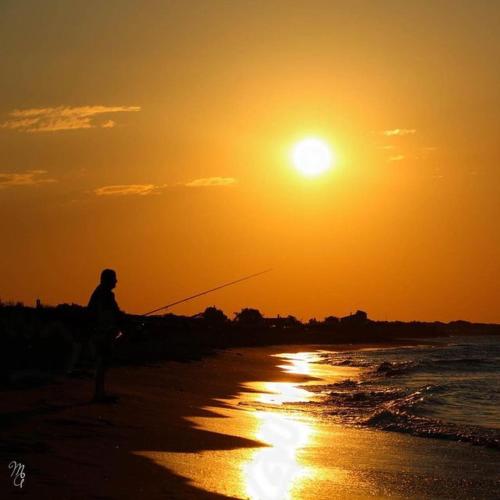 a person fishing on the beach at sunset at Un coin de campagne à 4km de la mer pour 4 à 6 personnes in Portiragnes