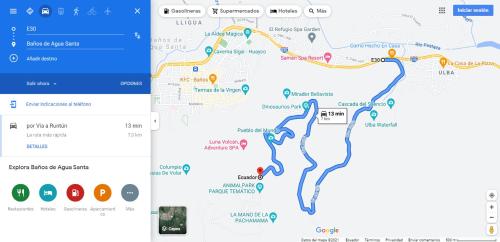 a screenshot of the google maps app with a map of the trail at La Estancia de Runtún Km 7 in Baños
