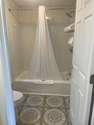 a bathroom with a shower curtain and a toilet at Kennebunkport Motor Lodge in Kennebunkport